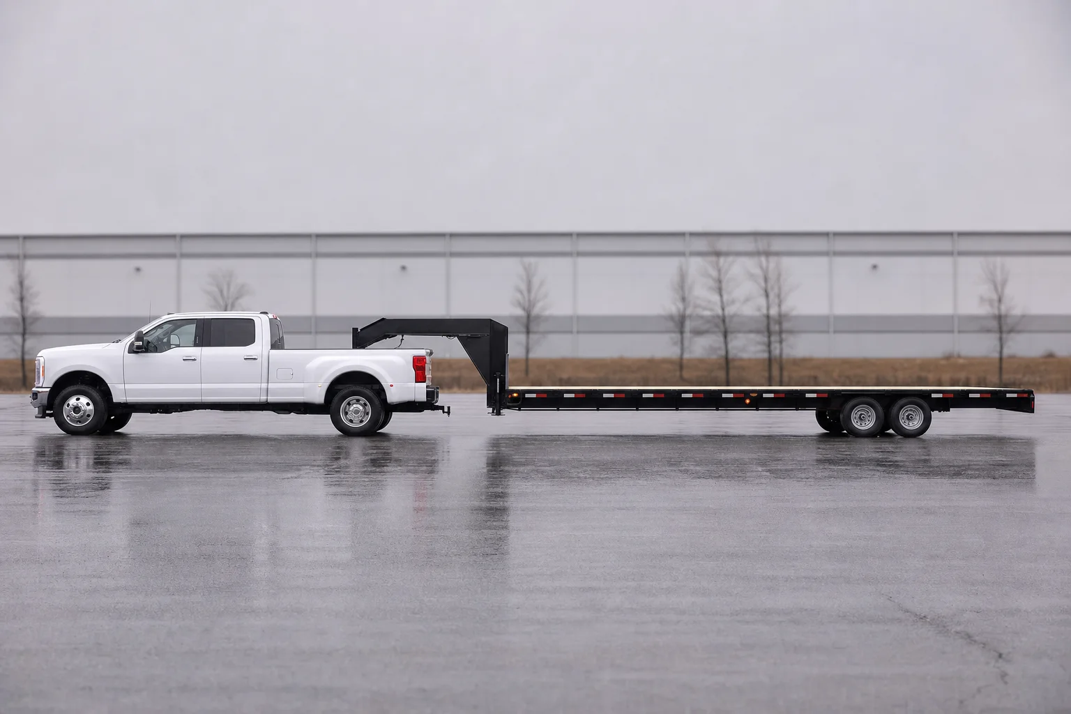 Dually pickup with a 40 foot gooseneck flatbed trailer, side profile