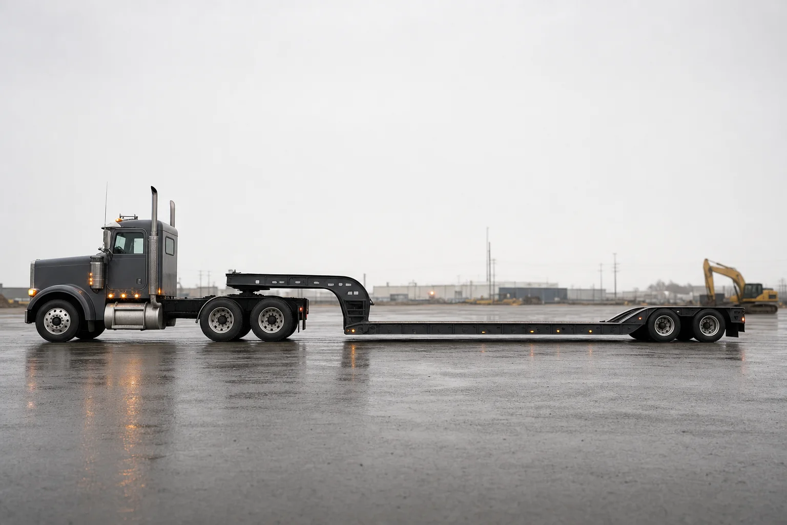 RGN lowboy trailer with deep well, excavator waiting in the background