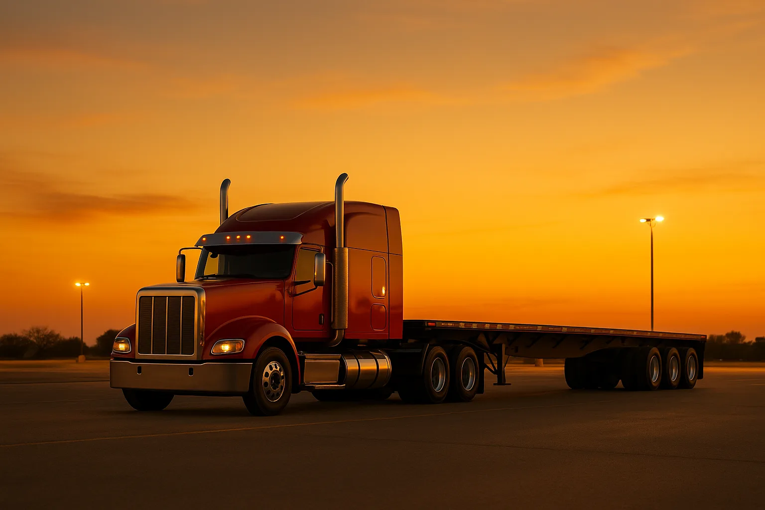 Flatbed rig parked at a truck stop in warm evening light