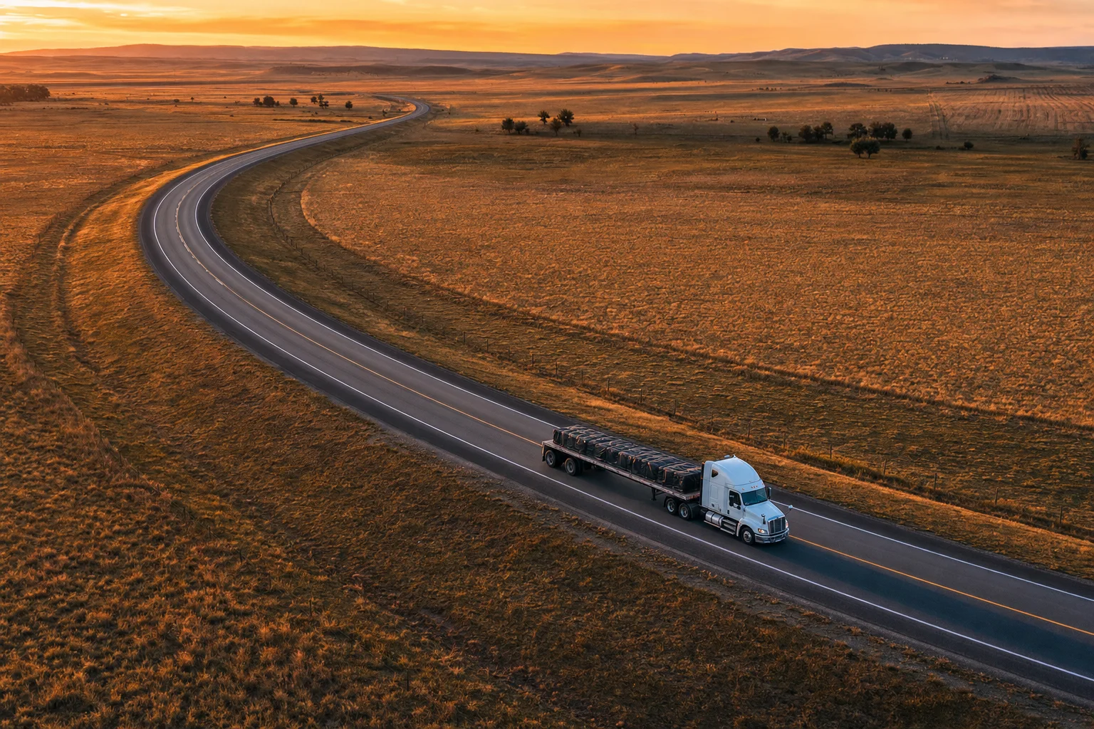 Flatbed truck with a tarped load on a sweeping golden plains highway from above