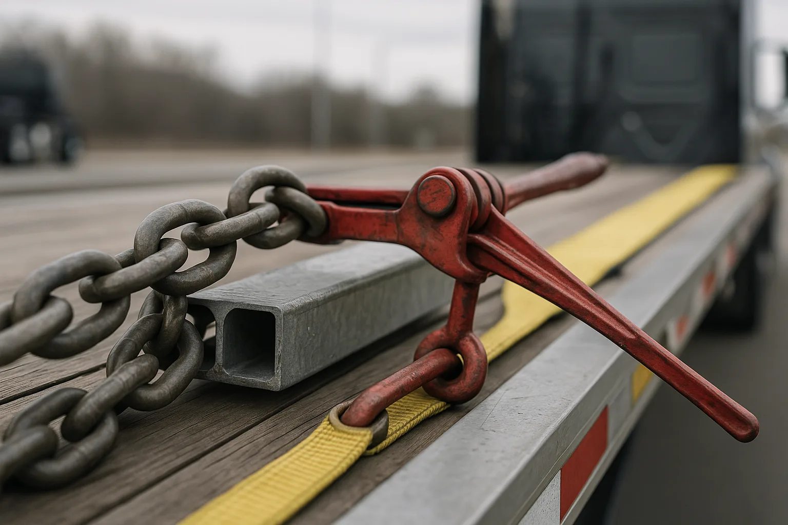 Transport chain and ratchet binder securing a load on a flatbed deck